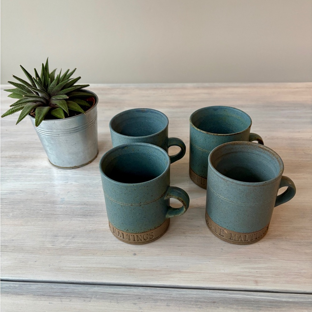 Snape Maltings Set of Four Blue & Brown Ceramic Mugs.